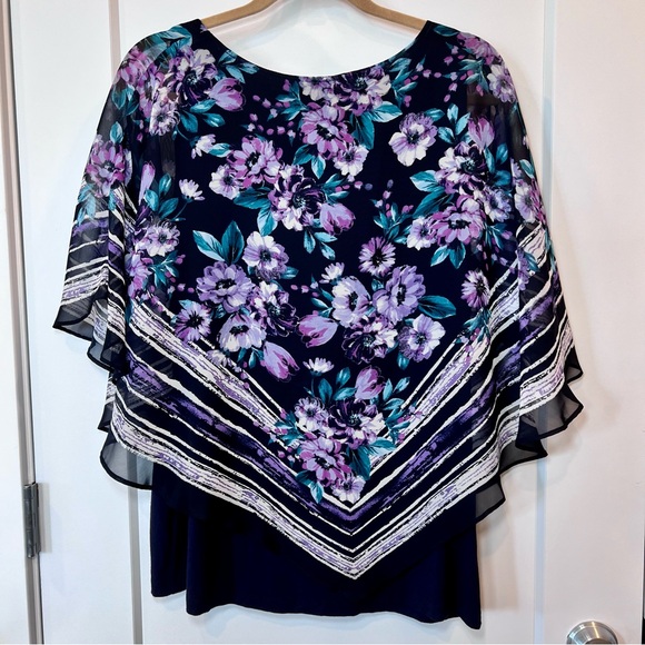 Apt. 9 Flowy Top Blouse Black Purple Multi Floral Asymmetrical Poncho Size XL - Picture 15 of 17
